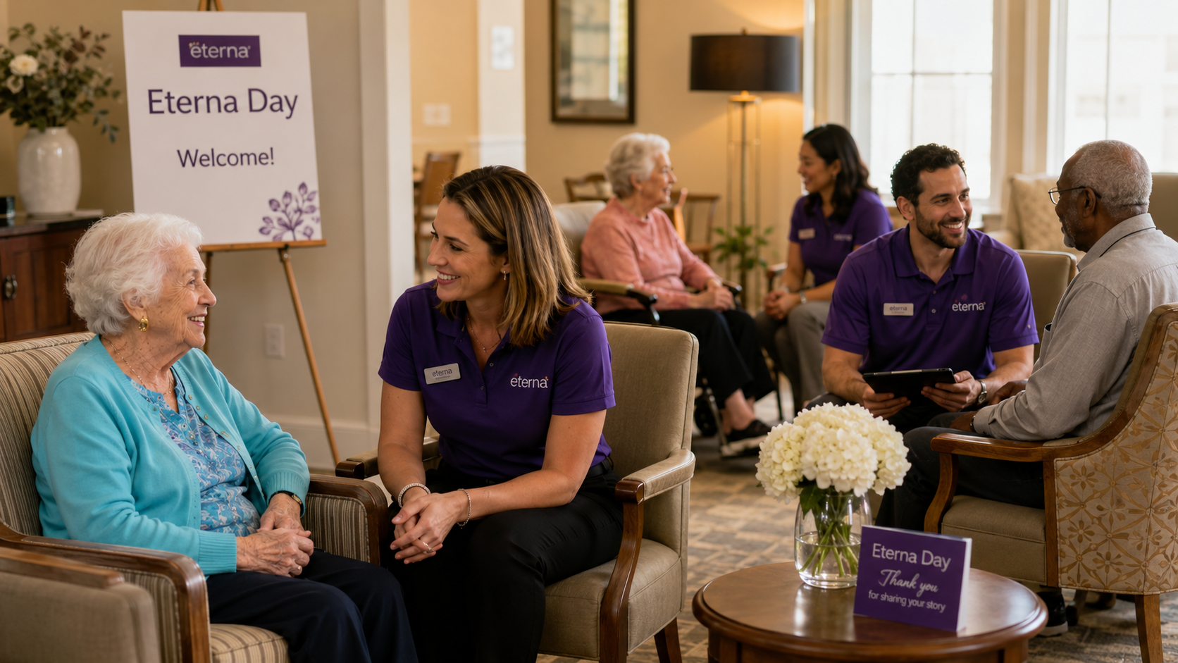 Residents and Eterna team members sharing stories during an Eterna Day gathering
