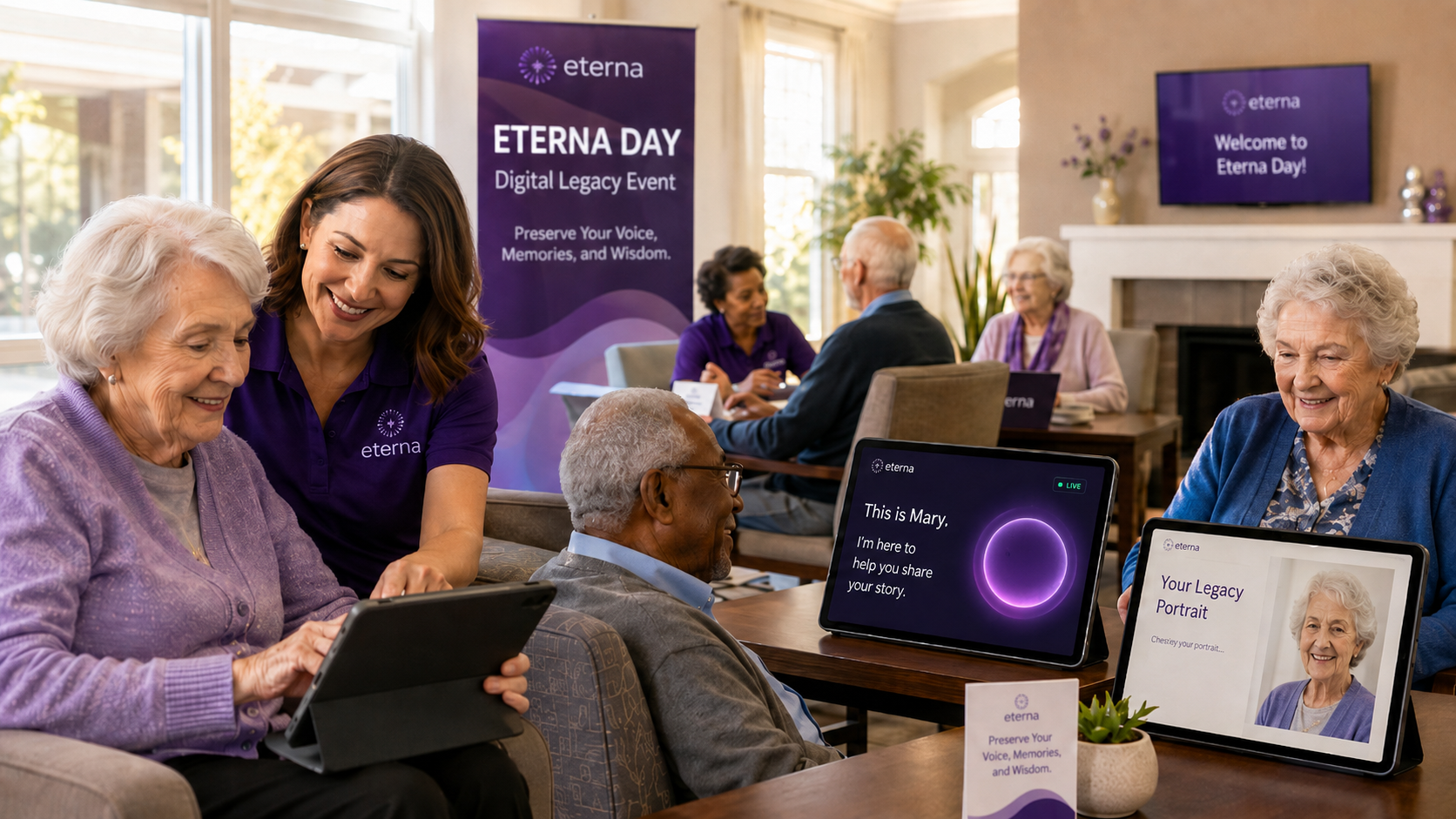 Eterna team members helping residents create digital legacies during a bright community event