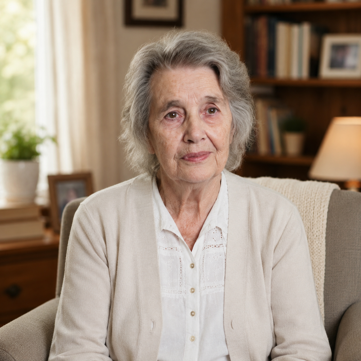 Warm AI-refined portrait of the same woman in a cozy living room