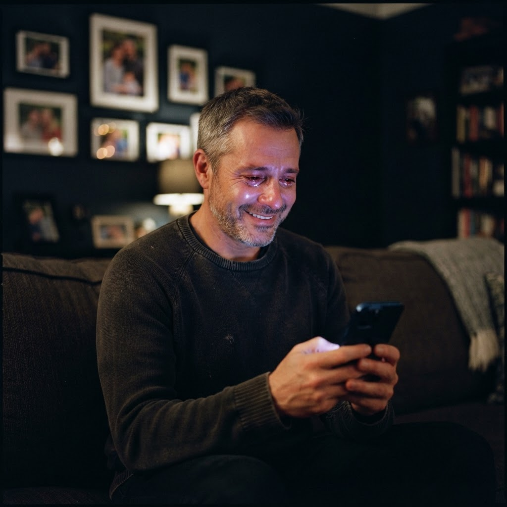 A person at home, smiling during an Eterna conversation