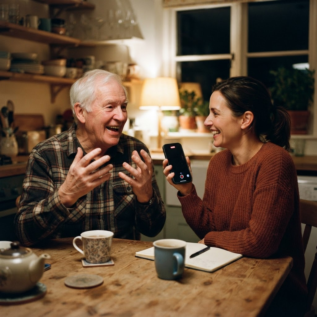 Two people recording a story at a kitchen table