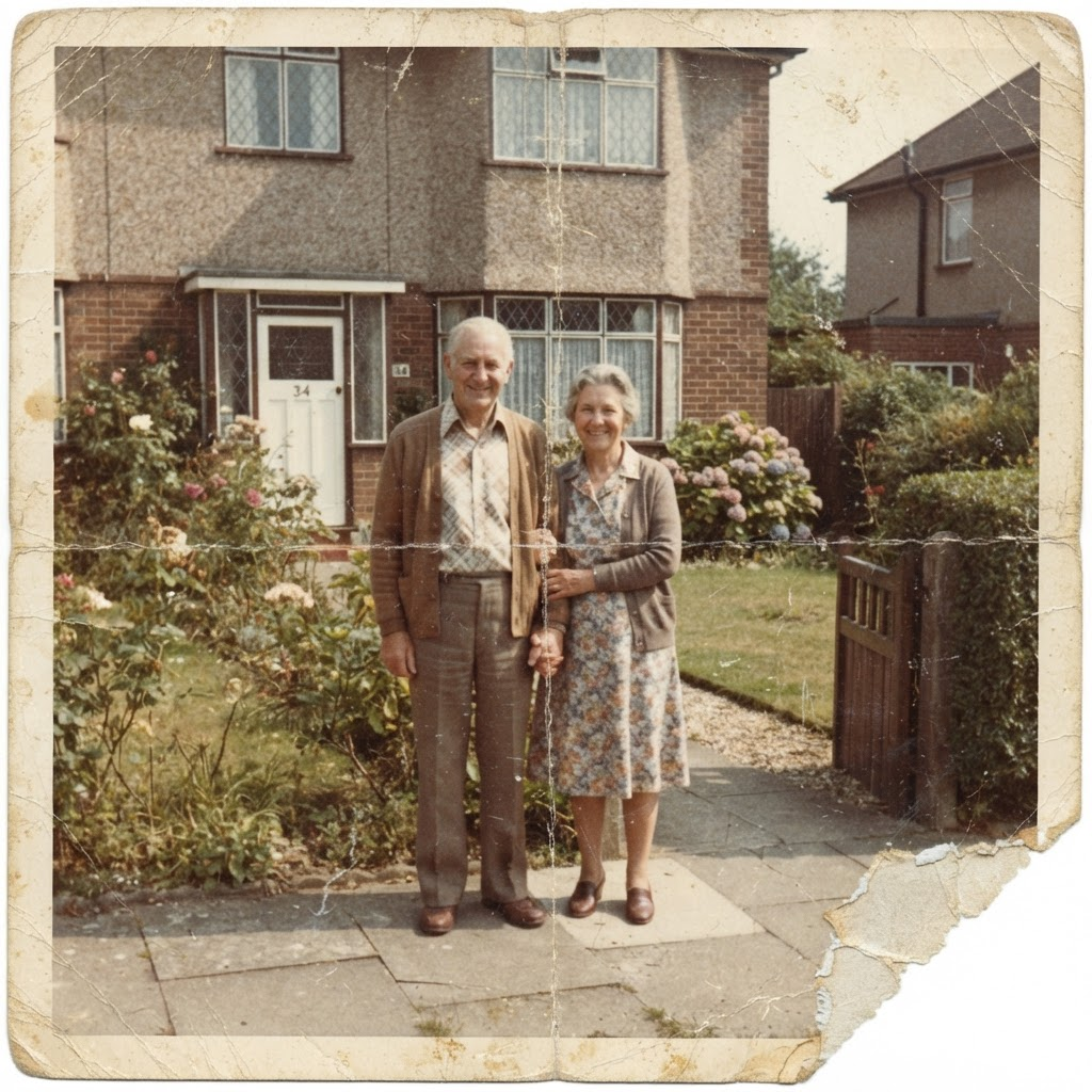 An old, faded and damaged family photograph