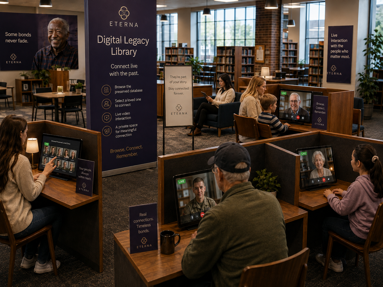 People exploring the Eterna digital legacy library at a community event